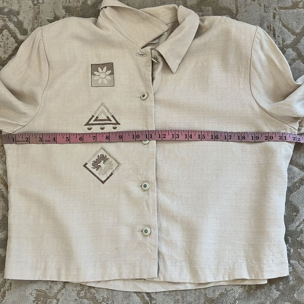 Vintage Abstract Embroidered Button Up Blouse Womens L Petite Linen Look 90s - Picture 4 of 10